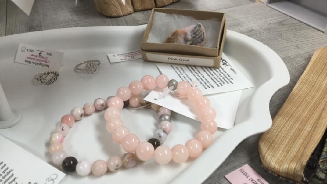 close up of rose quartz beaded bracelets